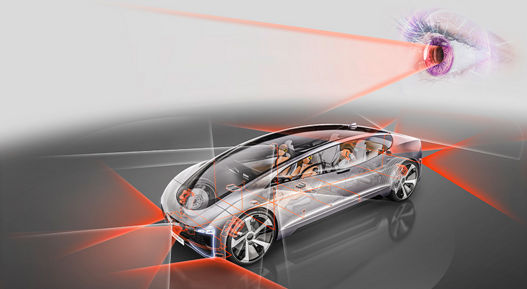 Image of AUMOVIO's semi-transparent concept vehicle with various sensors and orange and white lines that visualize the scanning of the surroundings. AUMOVIO's pre-crash monitor includes radar and camera-based safety functions, ADAS for trucks, functional safety development, testing and validation on test tracks, and endurance testing.