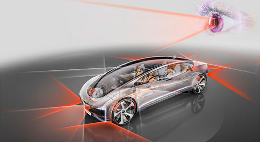 Image of AUMOVIO's semi-transparent concept vehicle with various sensors and orange and white lines that visualize the scanning of the surroundings. AUMOVIO's pre-crash monitor includes radar and camera-based safety functions, ADAS for trucks, functional safety development, testing and validation on test tracks, and endurance testing.
