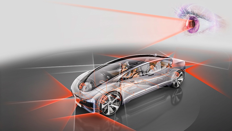 Bild des halbtransparenten Konzeptfahrzeugs von AUMOVIO mit verschiedenen Sensoren und orange-weißen Linien, die die Erfassung der Umgebung visualisieren. Der Pre-Crash-Monitor von AUMOVIO umfasst radar- und kamerabasierte Sicherheitsfunktionen, ADAS für Lkw, funktionale Sicherheitsentwicklung, Tests und Validierung auf Teststrecken sowie Dauerlaufprüfungen.