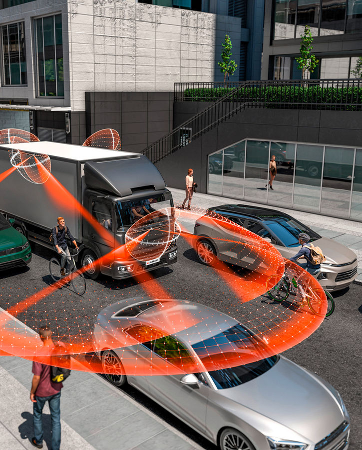 Delivery truck in city traffic surrounded by orange sensor detection zones, highlighting pedestrians and nearby vehicles.