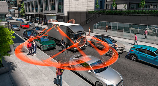 Delivery truck in city traffic surrounded by orange sensor detection zones, highlighting pedestrians and nearby vehicles.