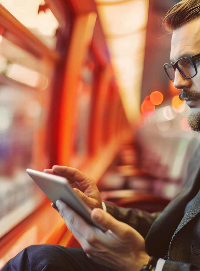 Businessman checking stock prices on a tablet during his morning commute.