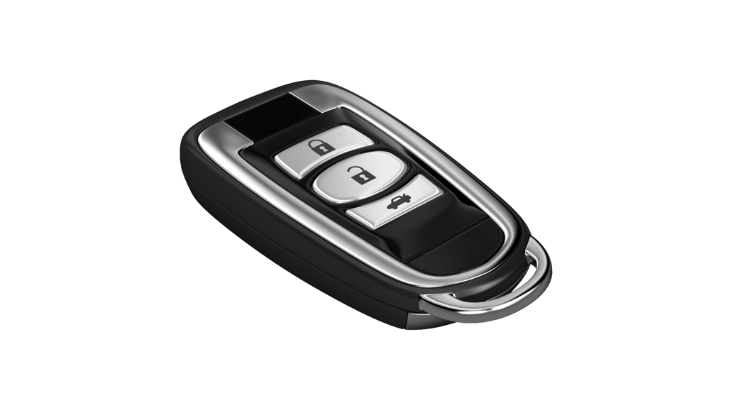 Das Bild zeigt einen Fahrzeugschlüssel mit Remote Keyless Entry (RKE)-Technologie. RKE-Systeme sind mittlerweile die Standardlösung für das bequeme Ver- und Entriegeln von Fahrzeugtüren und Kofferraum per Fernbedienung. Sie bieten einfache Öffnungs- und Schließfunktionen mit optionalen Anpassungsmöglichkeiten und ermöglichen gleichzeitig die Aktivierung der Wegfahrsperre für erhöhte Sicherheit. Moderne RKE-Lösungen verfügen über innovative Senderdesigns, die Stil und Funktionalität vereinen und gleichzeitig einen geringen Energieverbrauch für eine effiziente und zuverlässige Leistung gewährleisten.