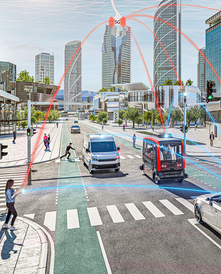 Image of a traffic scene at an intersection in the city, where several road users such as cars, cyclists, pedestrians, buses, and emergency vehicles communicate with each other via a cloud. The connection between the road users and the cloud is represented by orange and blue lines. Safety and Security is designed to ensure safe and secure vehicle operation, AUMOVIO's safety and security solution informs and protects drivers in potentially unsafe situations.