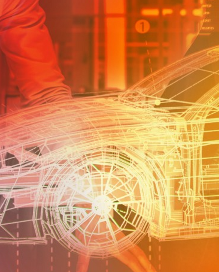 Digital wireframe model of a car displayed in a glowing red-orange overlay, symbolizing software-defined vehicle technology. The background shows engineers and technical equipment, emphasizing innovation in automotive software and virtual development environments.