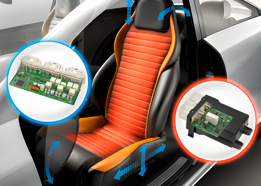 Bild des Fahrersitzes im Inneren eines Fahrzeugs, das die Sitzheizung, die elektrische Sitzverstellung und zwei entsprechende Bedienfelder für die Sitzverstellung und die Sitzheizung zeigt. Zuverlässige Steuerung von Aktuatoren und beweglichen Elementen für einen reibungslosen und sicheren Betrieb.