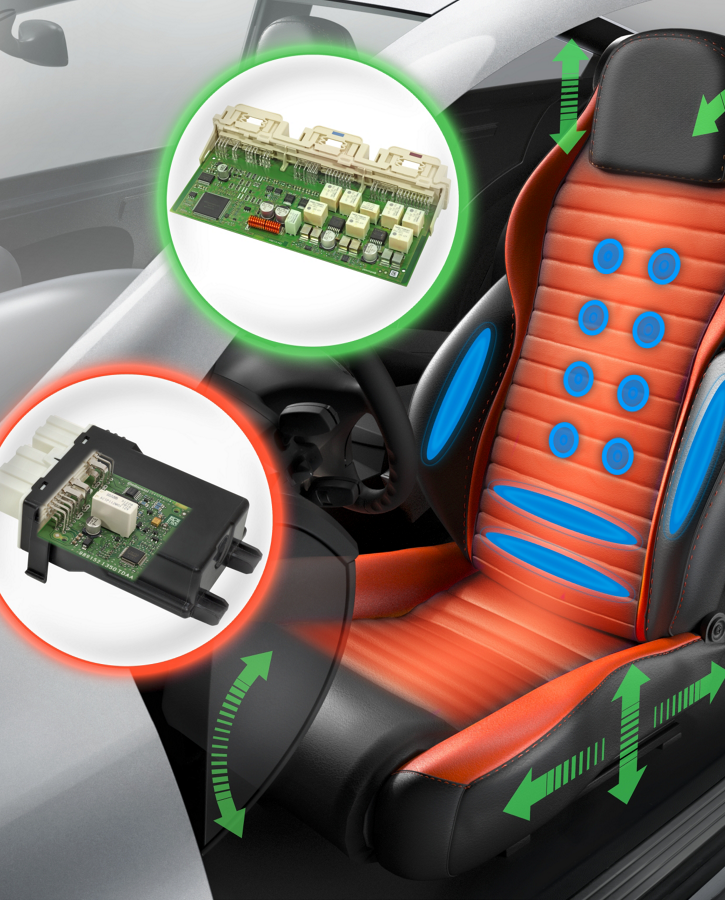 Automotive pneumatic seat system with exposed internal structure, including air bladders, wiring, and electronic control unit mounted on the seat frame. Designed for adjustable lumbar support and comfort functions.