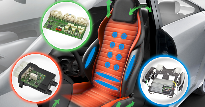 Automotive pneumatic seat system with exposed internal structure, including air bladders, wiring, and electronic control unit mounted on the seat frame. Designed for adjustable lumbar support and comfort functions.