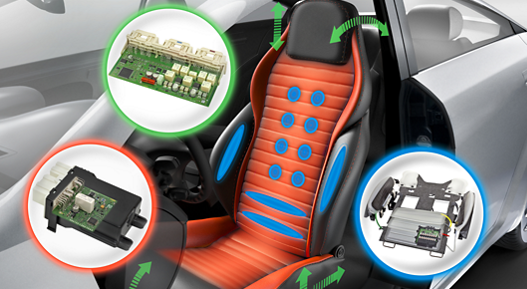 Automotive pneumatic seat system with exposed internal structure, including air bladders, wiring, and electronic control unit mounted on the seat frame. Designed for adjustable lumbar support and comfort functions.