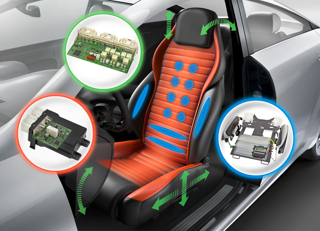 Pneumatisches Sitzsystem für Kraftfahrzeuge mit freiliegender Innenstruktur, einschließlich Luftkammern, Verkabelung und elektronischer Steuereinheit, die am Sitzrahmen angebracht sind. Konzipiert für eine einstellbare Lendenwirbelstütze und Komfortfunktionen.