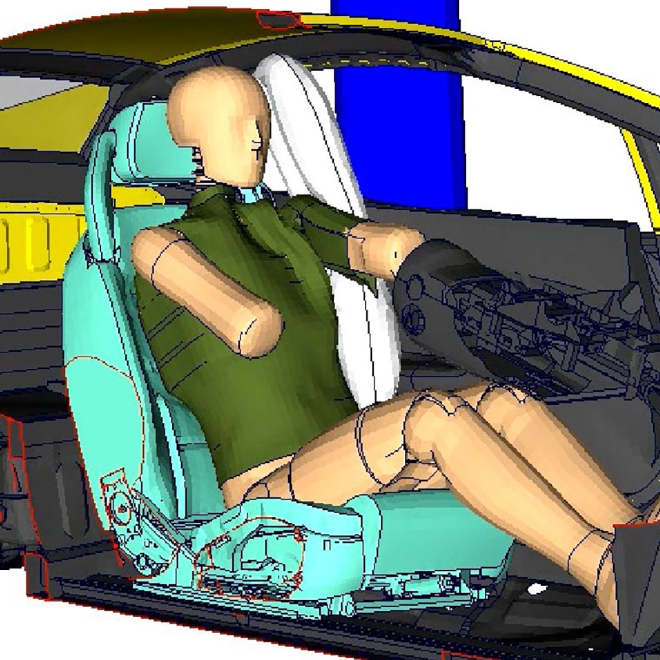 3D visualization of a crash test dummy inside a vehicle to analyze cockpit head protection and optimize greenhouse trim parts to enhance passenger safety and comfort. Additionally, parameter variation is applied to evaluate different design scenarios and improve overall performance. Actuator design and functionality are also key elements, ensuring precise control and realistic simulation of impact forces during crash events.