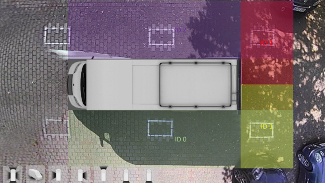 Draufsicht auf einen Lkw mit farbcodierten Sensorerkennungszonen für die Einparkhilfe und Hindernisüberwachung.