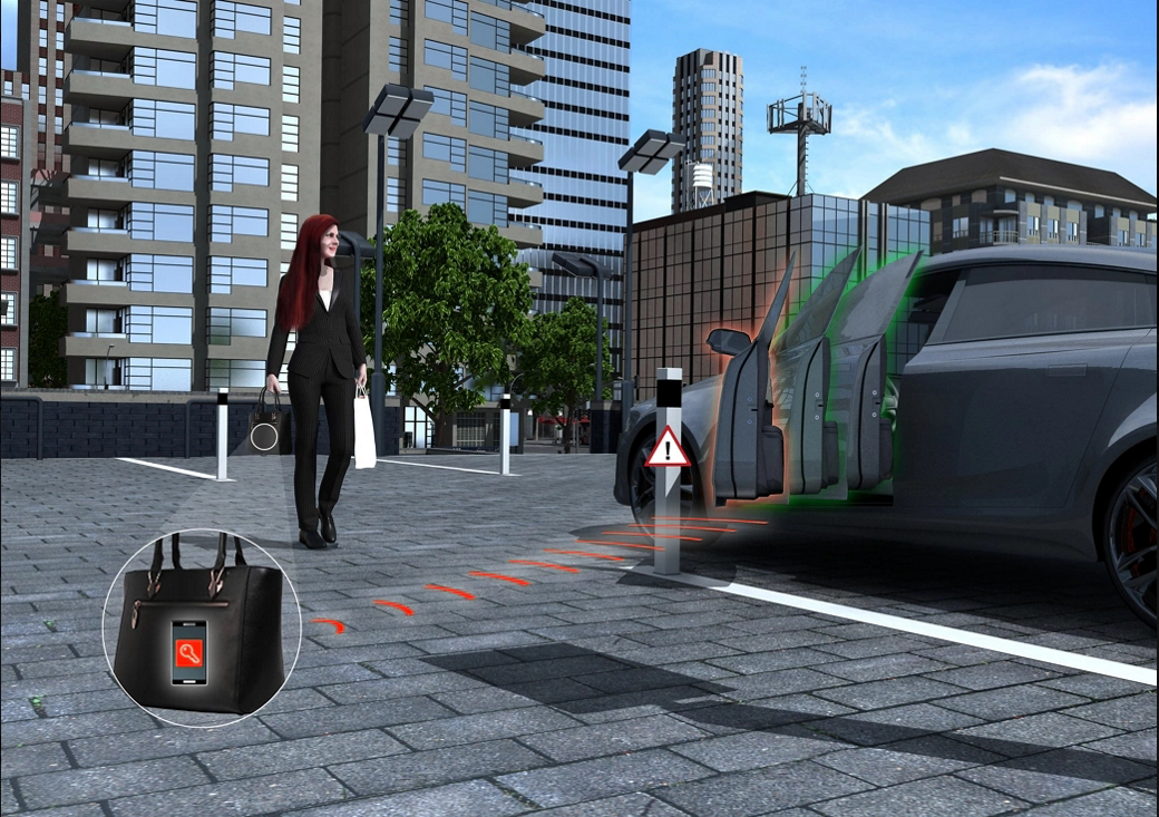 Visuelle Darstellung der intelligenten autonomen Autotürtechnologie: Eine Person nähert sich einem geparkten Fahrzeug in einer städtischen Umgebung und löst über das PASE-System (Hands-free Access and Start) die automatische Türöffnung aus, wodurch die Fahrzeugtüren automatisch und berührungslos entriegelt werden. Das Bild verdeutlicht den nahtlosen schlüssellosen Zugang mithilfe eines in einer Handtasche aufbewahrten Smart-Geräts und zeigt die fortschrittlichen Komfort- und Sicherheitsfunktionen moderner Fahrzeuge.