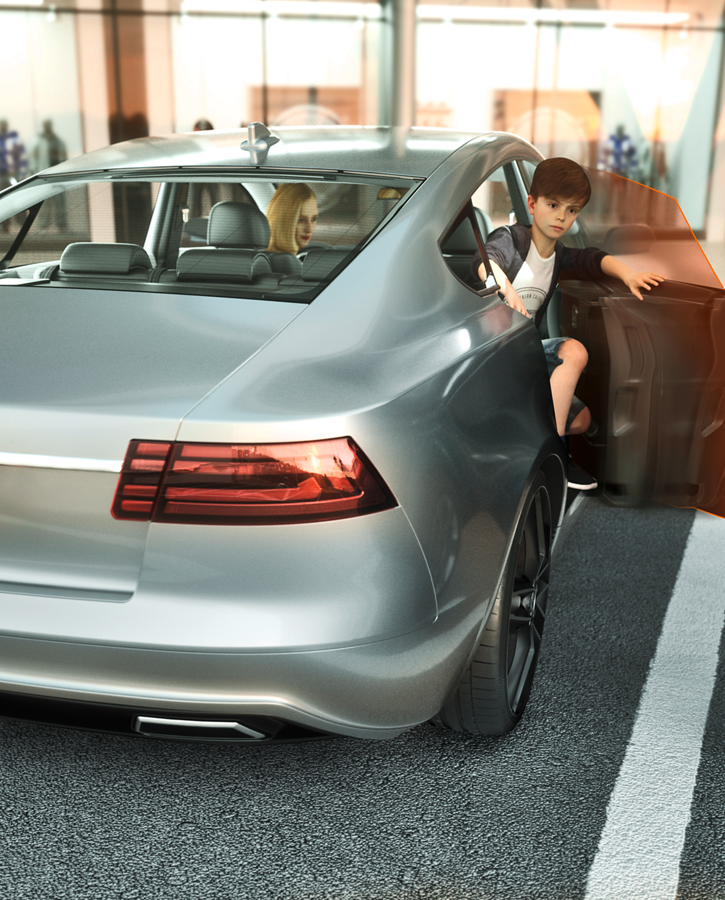Image of a boy getting out of the rear door of a vehicle. The smart autonomous door stops automatically before it touches a vehicle parked next to it. Smart Autonomous Doors provide a convenient, safe as well as fully autonomous door opening and closing via a smart device and pave the way for future automated driving.