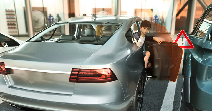 Image of a boy getting out of the rear door of a vehicle. The smart autonomous door stops automatically before it touches a vehicle parked next to it. Smart Autonomous Doors provide a convenient, safe as well as fully autonomous door opening and closing via a smart device and pave the way for future automated driving.