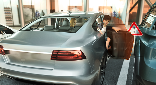 Image of a boy getting out of the rear door of a vehicle. The smart autonomous door stops automatically before it touches a vehicle parked next to it. Smart Autonomous Doors provide a convenient, safe as well as fully autonomous door opening and closing via a smart device and pave the way for future automated driving.