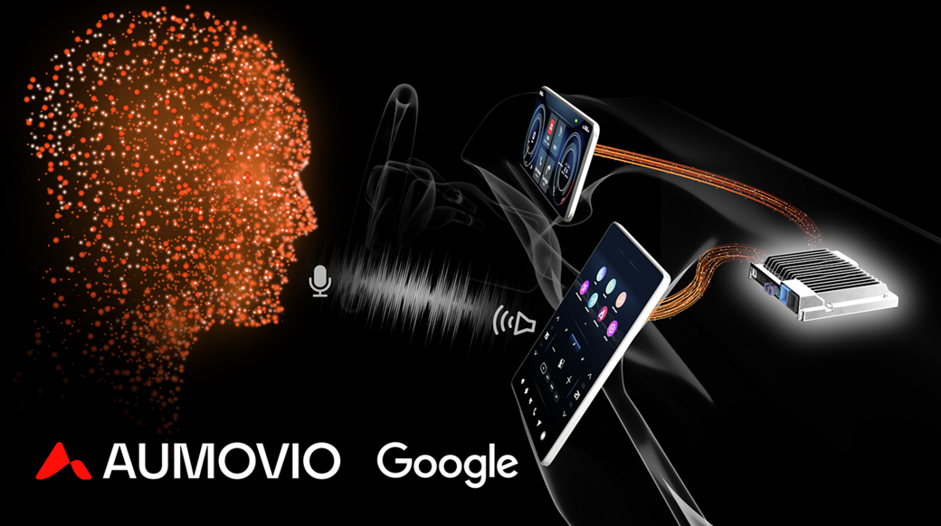 Ein digital stilisierter Kopf blickt auf ein großes Display in der Mitte des Armaturenbretts eines Fahrzeugs, auf dem verschiedene Apps und Funktionen angezeigt werden. Die Spracheingabe wird ebenfalls über Mikrofon- und Lautsprechersymbole dargestellt. 