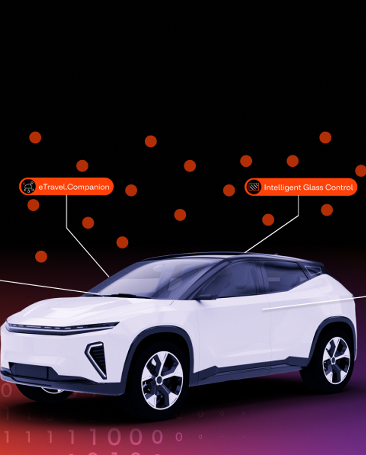 Image of a concept vehicle with four text overlays for AUMOVIO's software solutions AR Creator, eTravel.Companion, Intelligent Glass Control, and Digital Key Management. In the background is a black, orange, and purple color gradient with binary code.
