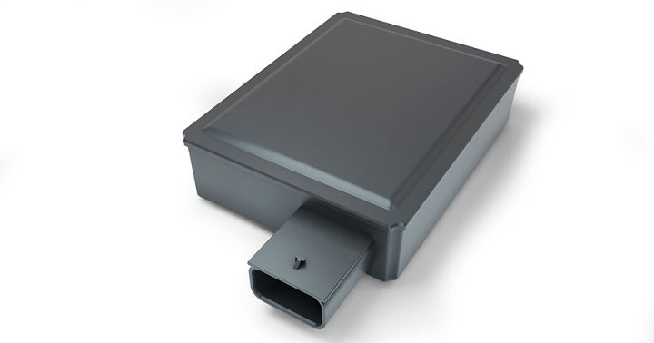 3D rendering of a radar sensor with sleek black casing and single connector for automotive applications.