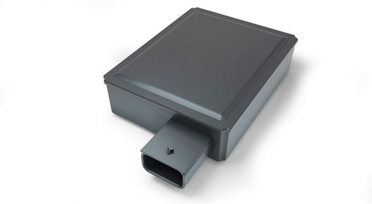 3D rendering of a radar sensor with sleek black casing and single connector for automotive applications.