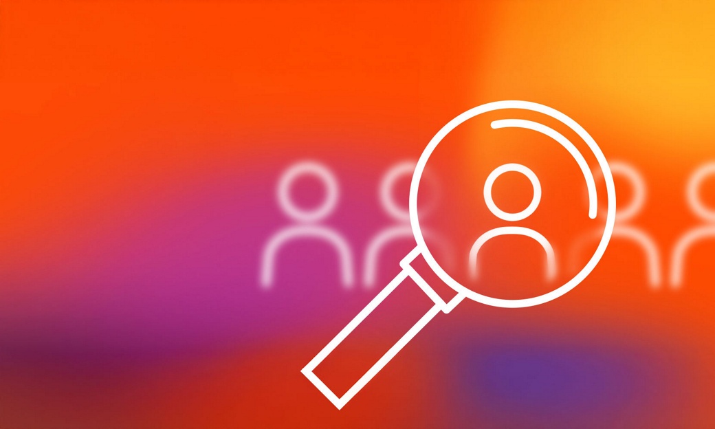 Grafische Darstellung einer Lupe über einem Personensymbol auf einem lebhaften orange-lila Farbverlaufshintergrund, der die Jobsuche oder Personalbeschaffung symbolisiert.