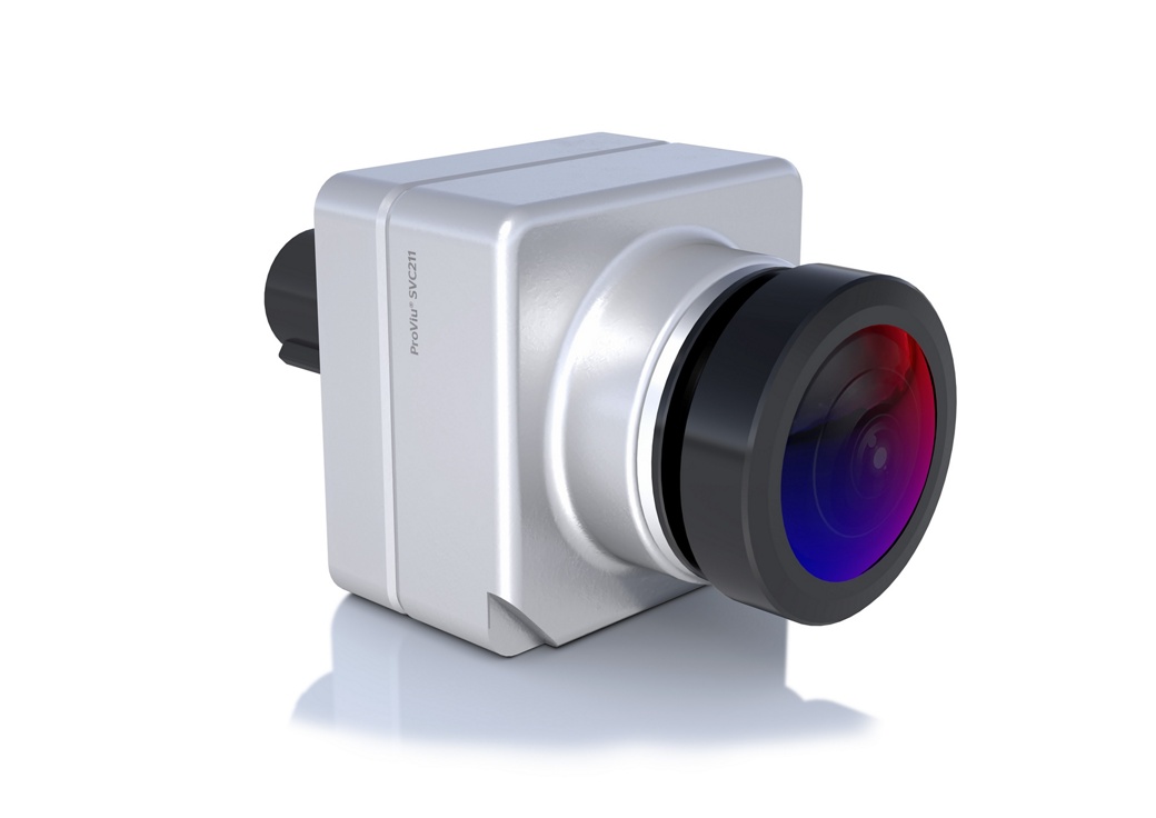 Compact automotive camera with a wide-angle lens and silver housing, designed for vehicle surround view systems.