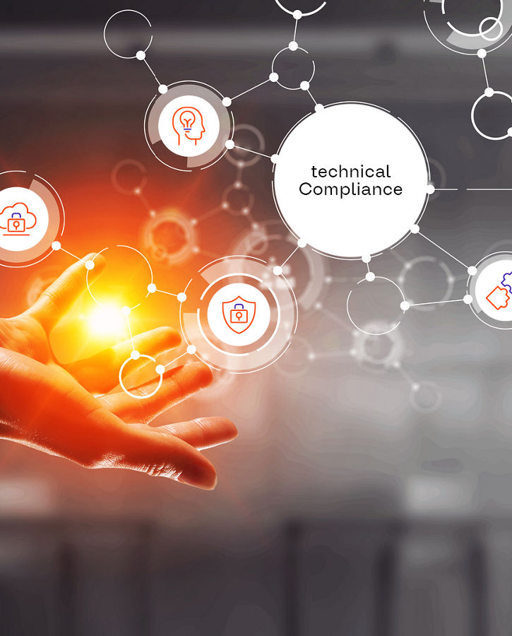 A yellow light shines in an open palm, next to several AUMOVIO icons related to technical compliance.