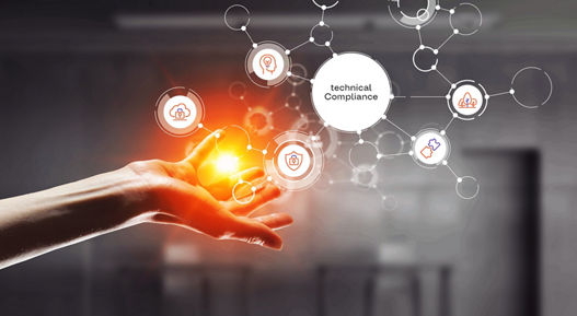 A yellow light shines in an open palm, next to several AUMOVIO icons related to technical compliance.