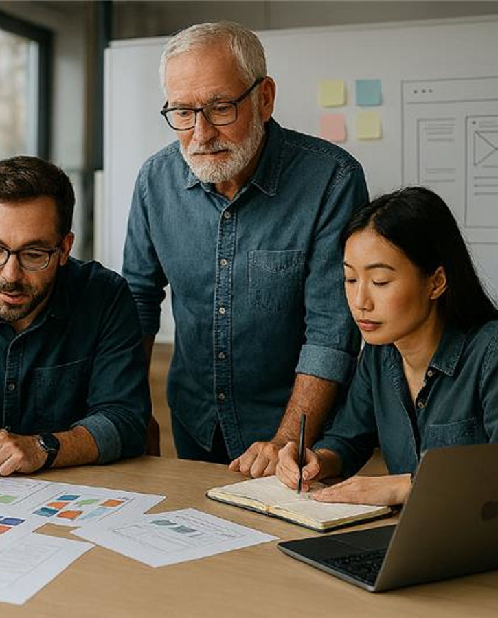 A photo of four people sitting at a desk discussing documents. The design consultancy group provides expert guidance and review services to ensure robust, reliable, and optimized designs across mechanical, electrical, and thermal domains.