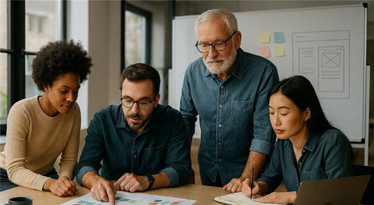 A photo of four people sitting at a desk discussing documents. The design consultancy group provides expert guidance and review services to ensure robust, reliable, and optimized designs across mechanical, electrical, and thermal domains.