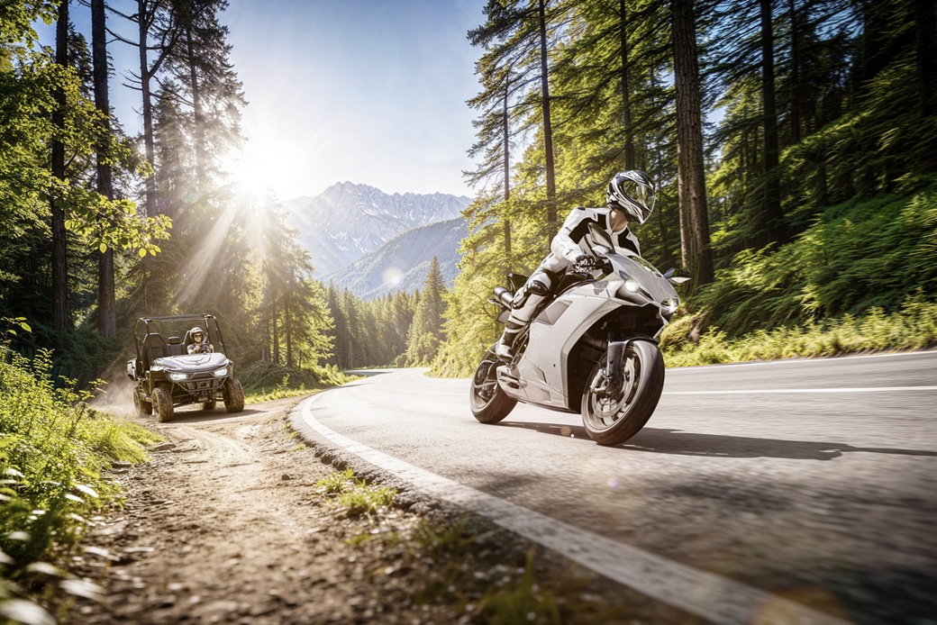 Motorcycle and UTV driving on off-road.