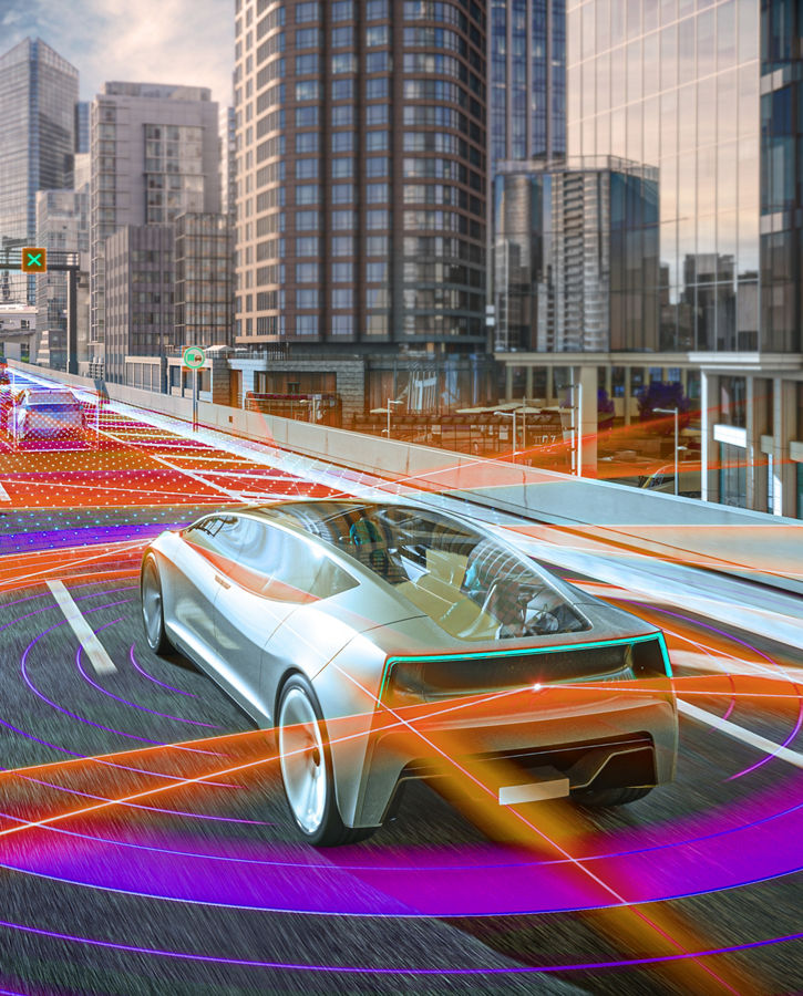 Image of a futuristic vehicle on a highway with orange and purple light lines and light waves representing the scanning/detection of the vehicle's surroundings and objects by radar sensors.