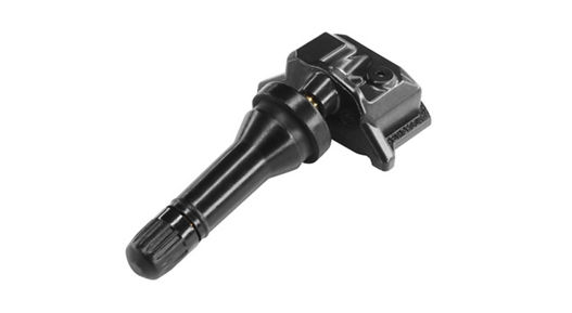 Close-up view of a tire pressure monitoring sensor (TPMS) featuring a black plastic housing with an integrated valve stem. The design includes a metallic core and electronic module for wireless communication, used in advanced tire information systems.