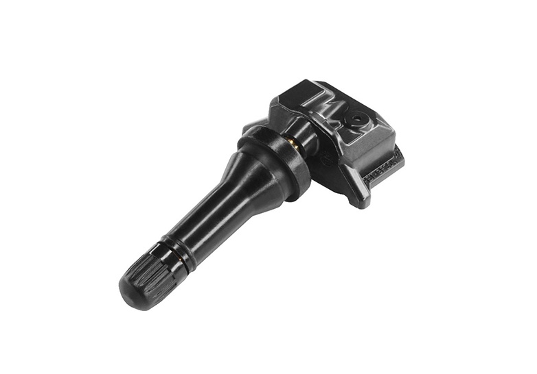Nahaufnahme eines Reifendruckkontrollsensors (TPMS) mit einem schwarzen Kunststoffgehäuse und integriertem Ventilschaft. Das Design umfasst einen Metallkern und ein elektronisches Modul für die drahtlose Kommunikation, das in modernen Reifeninformationssystemen zum Einsatz kommt.
