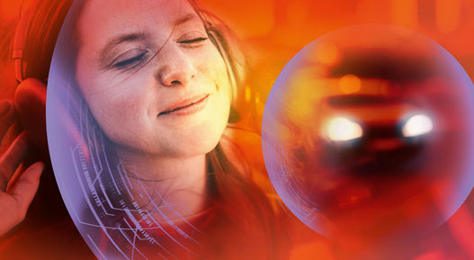 A woman enjoys her favorite music against the backdrop of city lights.