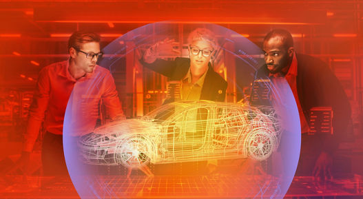 Diverse Team of Engineers Working in Office at Industrial Factory. Industrial Designers Discuss Electric Car Augmented Reality Hologramm. Specialists Work in Technological Car Development Facility.