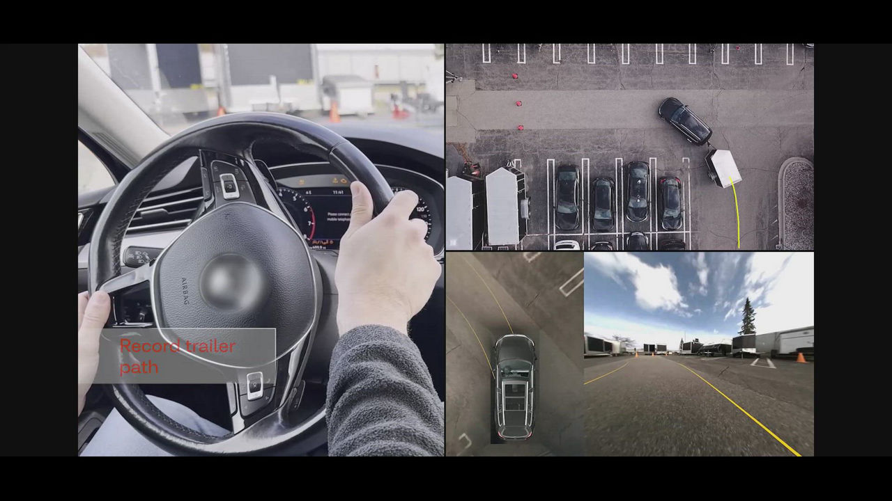 Video about AUMOVIO's trailer backtrack, precision maneuvering made simple. Empowers drivers to reverse with confidence while towing. Using advanced steering control and the recorded trailer path, the system automatically calculates the optimal path and assists in guiding the trailer accurately.