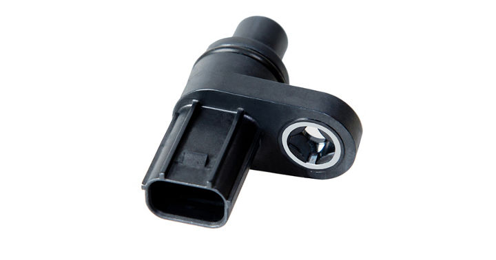 Close-up view of a transmission speed sensor with a cylindrical black body and integrated connector. The design emphasizes durability for harsh automotive environments.