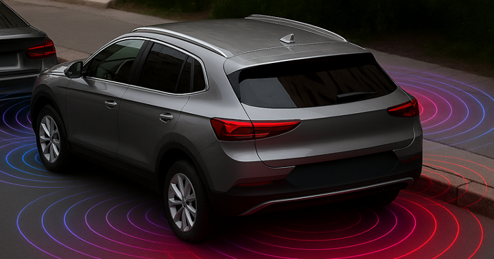 Silver SUV on a street surrounded by colorful concentric radar waves illustrating ultrasonic parking assist detection zones.