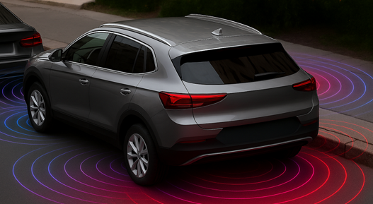 Silver SUV on a street surrounded by colorful concentric radar waves illustrating ultrasonic parking assist detection zones.