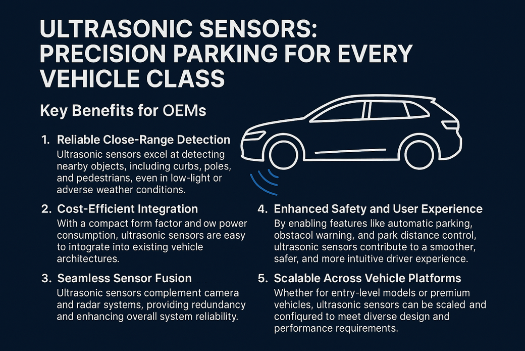 Infografik mit dem Titel „Ultraschallsensoren: Präzises Einparken für jede Fahrzeugklasse“, in der fünf wichtige Vorteile für OEMs aufgeführt sind, darunter Nahbereichserkennung, kosteneffiziente Integration, Sensorfusion, erhöhte Sicherheit und Skalierbarkeit.