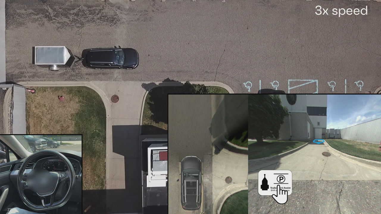 User-defined trailer park assist is an award winning feature that allows parking a trailer via an app.