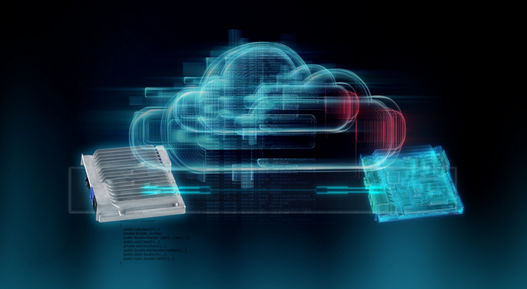 Graphic of a virtual twin and a cloud on the topic of virtualization and vSDV Composer, a cloud-based framework for developing software ahead of hardware availability.