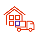 Icon of a truck parked in front of a house; the icon symbolizes warehousing and distribution.