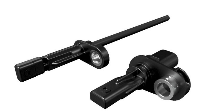 Close-up of a traditional wheel speed sensor with a black plastic body, integrated connector, and mounting hole. The design is optimized for ABS and traction control systems in vehicles.