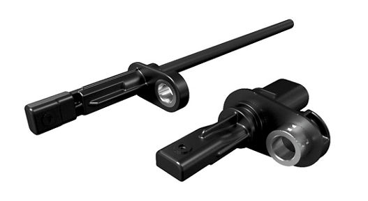 Close-up of a traditional wheel speed sensor with a black plastic body, integrated connector, and mounting hole. The design is optimized for ABS and traction control systems in vehicles.