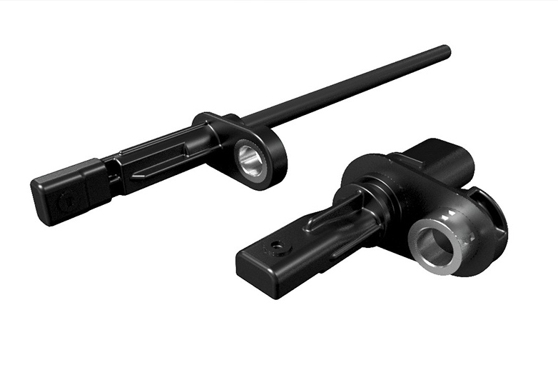 Nahaufnahme eines herkömmlichen Raddrehzahlsensors mit schwarzem Kunststoffgehäuse, integriertem Stecker und Befestigungsloch. Das Design ist für ABS- und Traktionskontrollsysteme in Fahrzeugen optimiert.