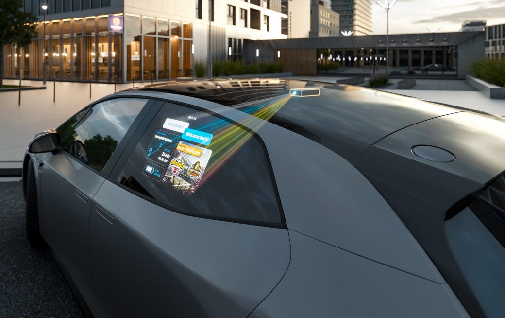 Bild eines Fahrzeugs, in dem digitale Inhalte über einen kompakten Videoprojektor, der im Fahrzeugdach installiert ist, auf die Heckscheibe auf der Fahrerseite projiziert werden.