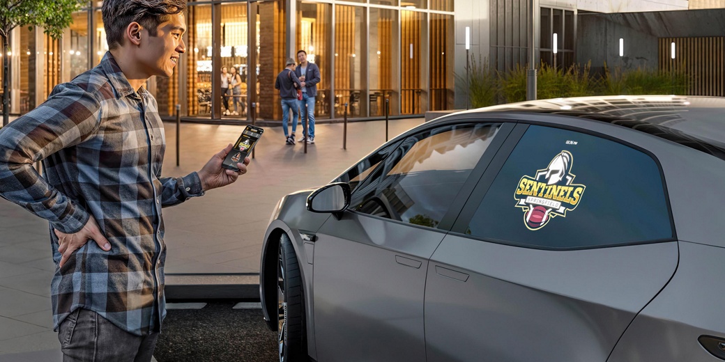 Bild eines Mannes, der neben einem Fahrzeug steht, sein Mobiltelefon in der Hand hält und personalisierte Inhalte empfängt, die auf der hinteren Seitenscheibe des Fahrzeugs projiziert werden. Die Fensterprojektionstechnologie von AUMOVIO verwandelt die Seitenfenster von Fahrzeugen in lebendige, hochwertige Anzeigeflächen.