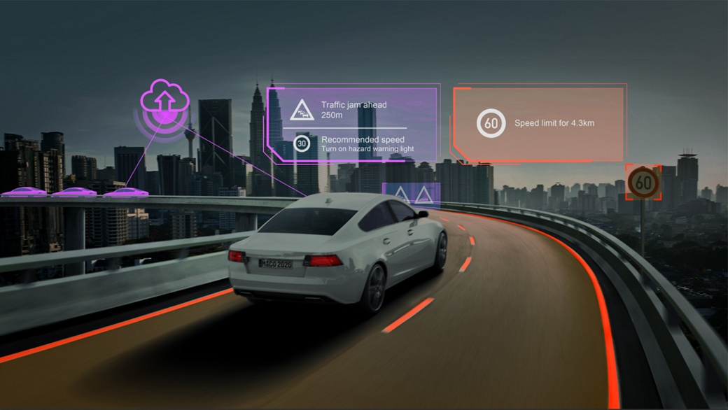 Bild eines Fahrzeugs auf einer Autobahn bei Nacht, mit orangefarbenen und violetten Überlagerungen, die verschiedene dynamische Straßenereignisse anzeigen. Der Dienst „Xelve eHorizon Dynamic Road Events” warnt Fahrzeuge rechtzeitig vor kritischen Situationen auf der Strecke – beispielsweise Unfällen, rutschigen Straßen oder Baustellen. 